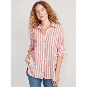 Old Navy Linen Shirt Womens M Striped Boyfriend Button Up‎ Relaxed Sustainable